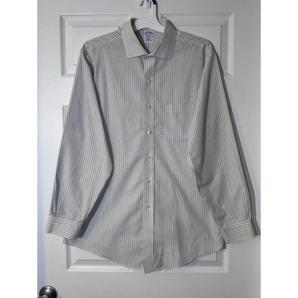 Brooks Brothers Men's Classic Fit Dress Shirt, Blue And‎ Yellow Stripes, 16.5/35